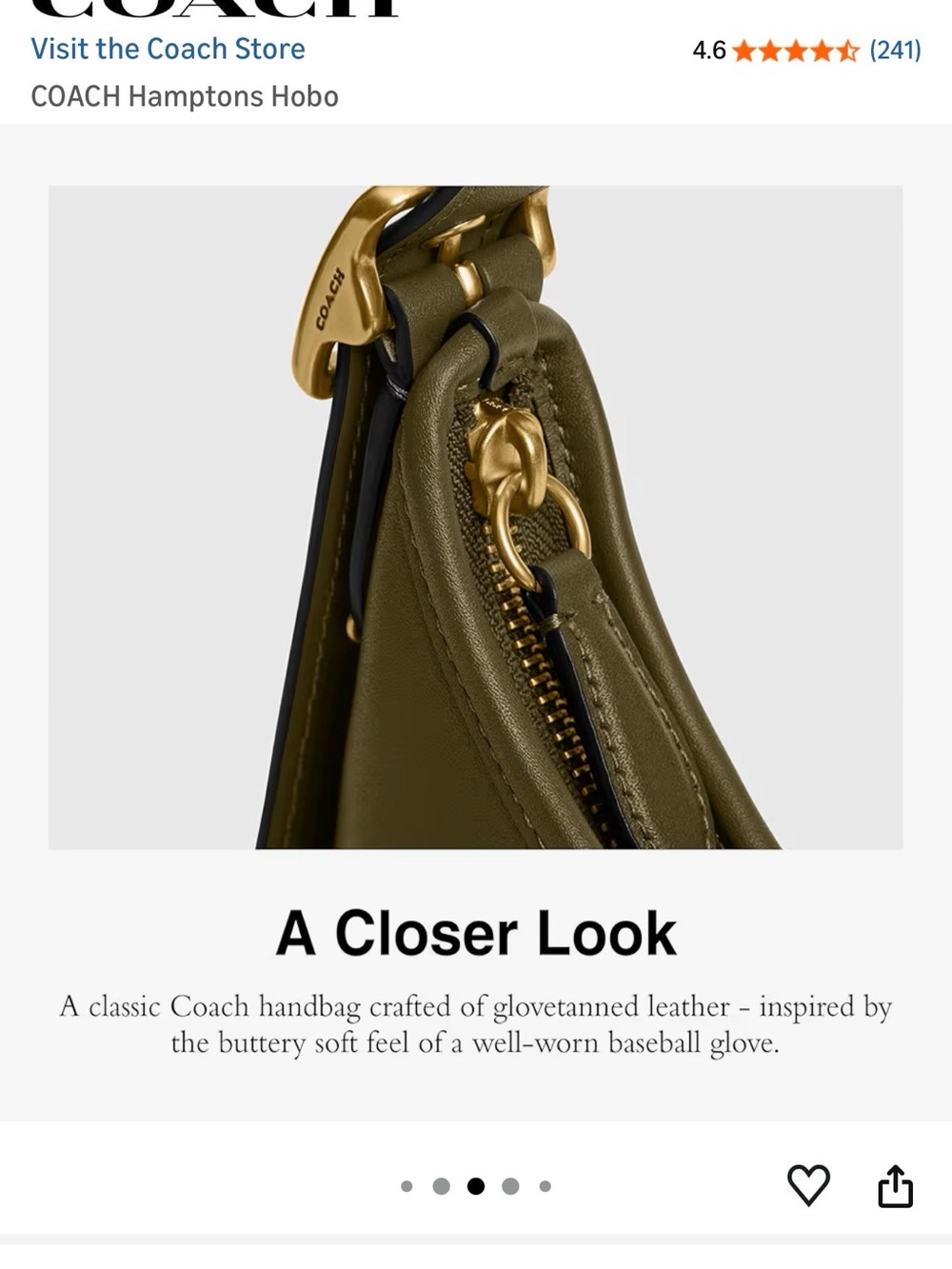 Coach Hamptons Hobo in Olive Green Leather with Gold Hardware - Picture 4 of 8